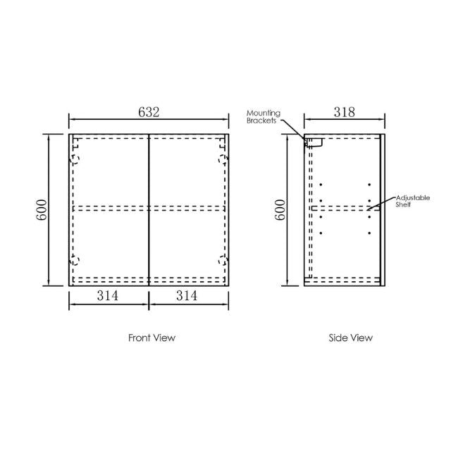 Technical Drawing Wall Cabinet for Otti Byron 1305mm Laundry Set C - Black Oak - The Blue Space