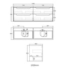 Technical Drawing Otti Byron 1500mm Wall Hung Vanity with Stone Top for Double Bowl Above Counter Basin - The Blue Space