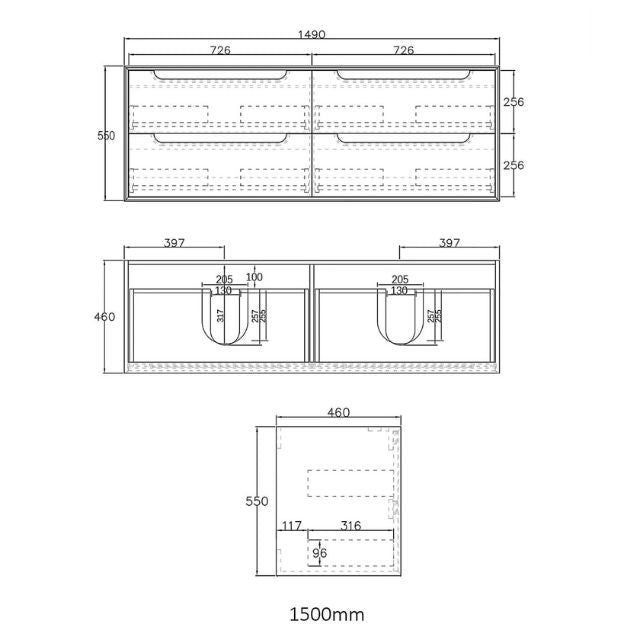 Technical Drawing Otti Byron 1500mm Wall Hung Vanity with Stone Top for Double Bowl Above Counter Basin - The Blue Space