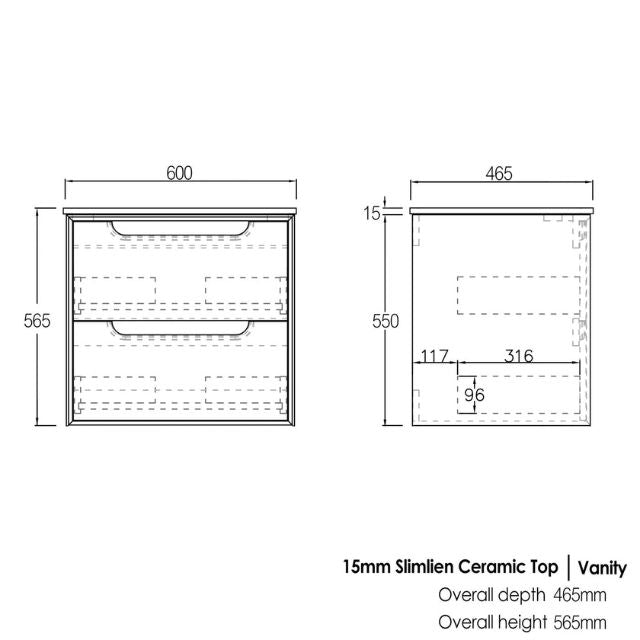 Technical Drawing Otti Byron 600mm Wall Hung Vanity With Slimline Top - The Blue Space