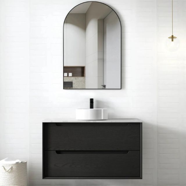 Otti Byron 900mm Wall Hung Vanity Black Oak With Cloudy Carrara Stone Top for Above Counter Basin BY900BSTUD-CA - The Blue Space
