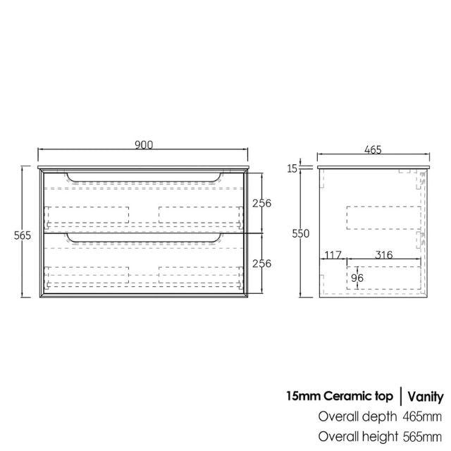 Technical Drawing Otti Byron 900mm Wall Hung Vanity With Slimline Top - The Blue Space