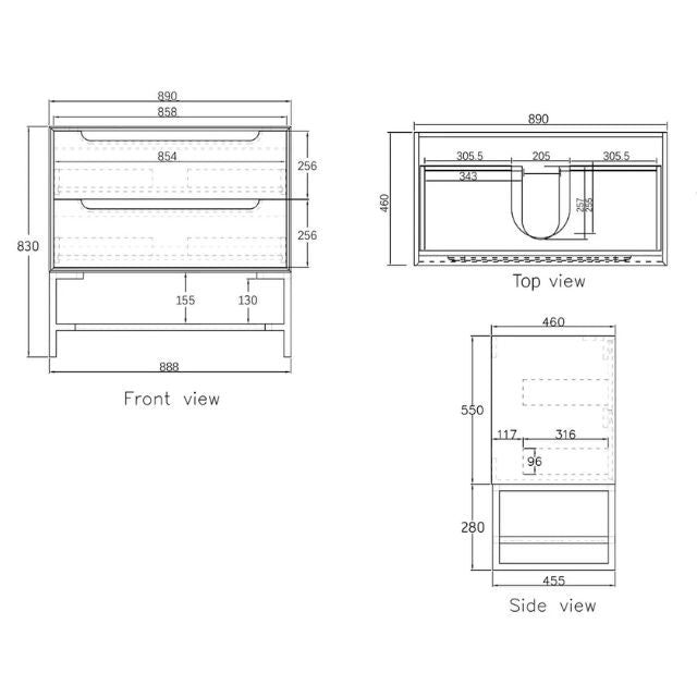 Technical Drawing Otti Byron 900mm Wall Hung Vanity with Stone Top for Above Counter Basin - The Blue Space