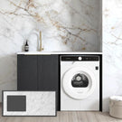 Otti Byron Black Oak 1300mm Laundry Cabinet Set With Natural Carrara Marble White Stone Top