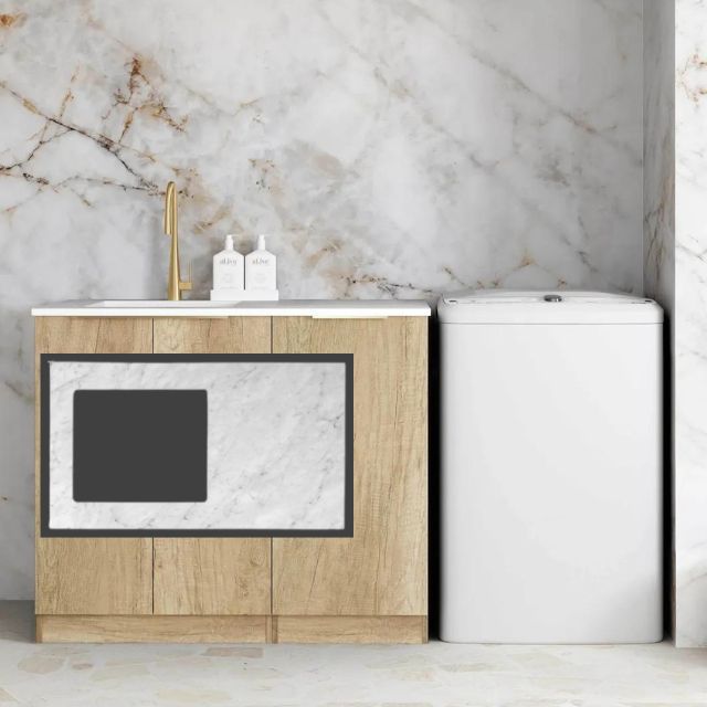 Otti Byron Natural Oak 1060mm Laundry Cabinet Set With Natural Carrara Marble Benchtop LA-1060-BYN-NCA - The Blue Space