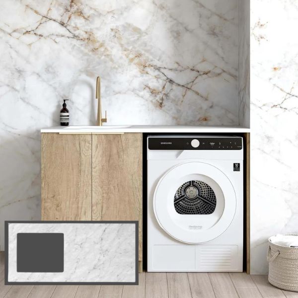 Otti Byron Natural Oak With 1300mm Laundry Cabinet Set with Natural Carrara Marble White Stone Top