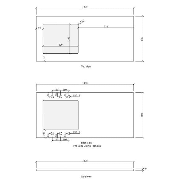 Technical Drawing - Laundry Top Stone - Otti Byron Natural Oak With Laundry Cabinet Set