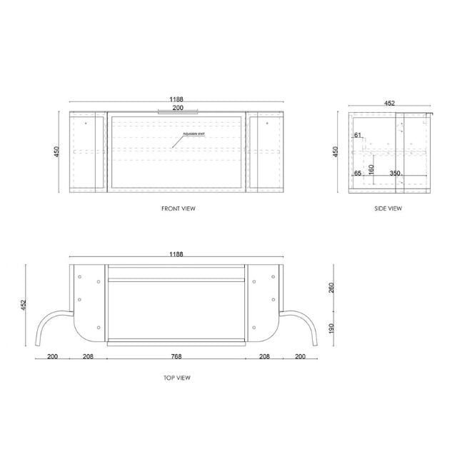 Technical Drawing Otti Hampshire 1200mm Curve Wall Hung Vanity Matte White With Stone Top - The Blue Space