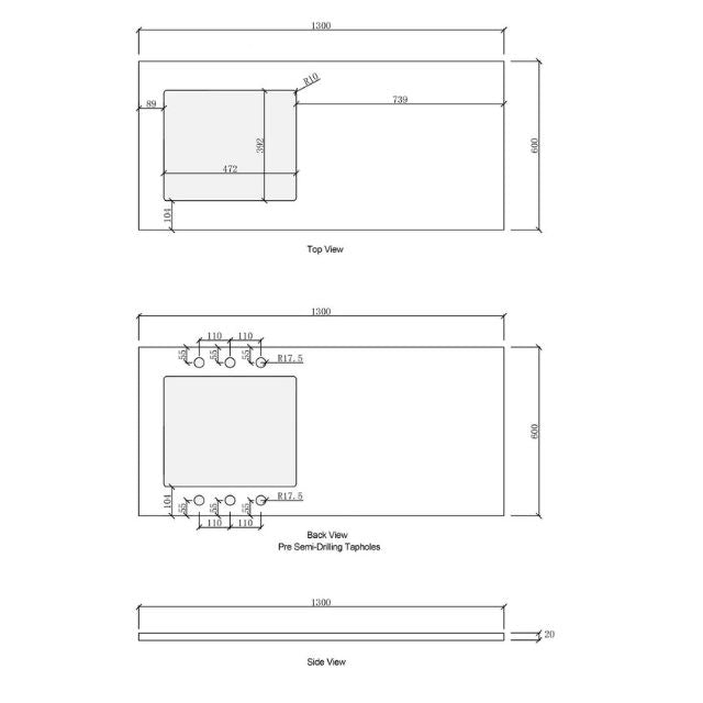 Stone Top Technical Drawing for Otti Hampshire 1305mm Laundry Set A - White - The Blue Space