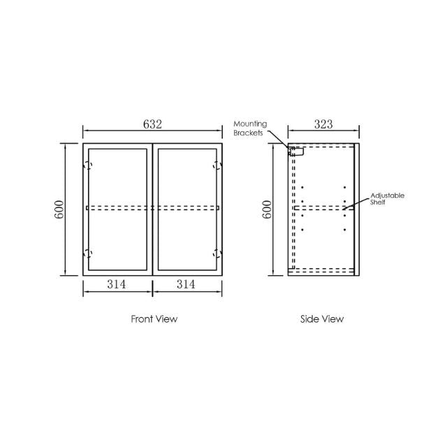 Wall Cabinet Technical Drawing for Otti Hampshire 1305mm Laundry Set B - White - The Blue Space