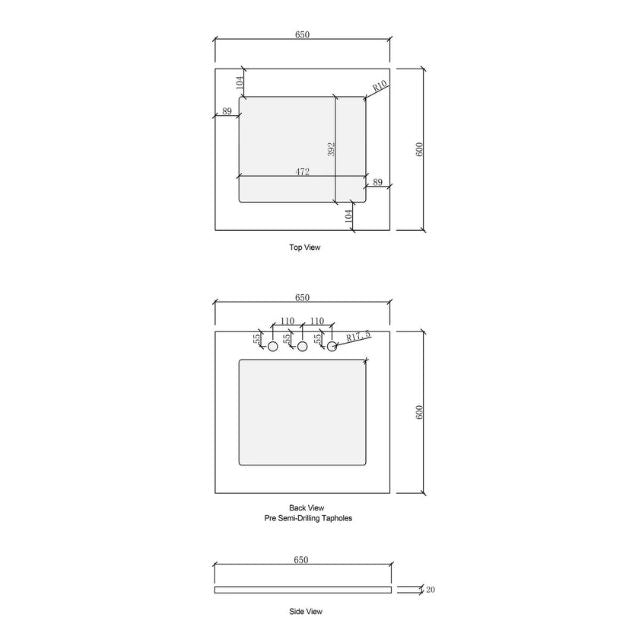 Stone Top Technical Drawing for Otti Hampshire 1305mm Laundry Set C - White - The Blue Space