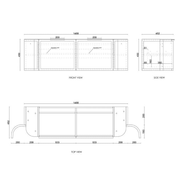 Technical Drawing Otti Hampshire 1500mm Curve Wall Hung Vanity Matte White With Stone Top - The Blue Space