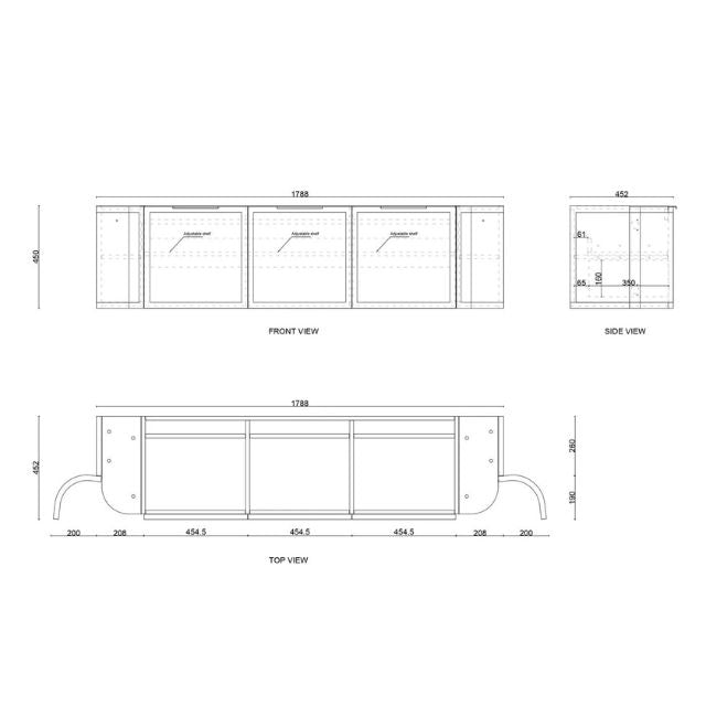 Technical Drawing Otti Hampshire 1800mm Curve Wall Hung Vanity Matte White With Stone Top - The Blue Space