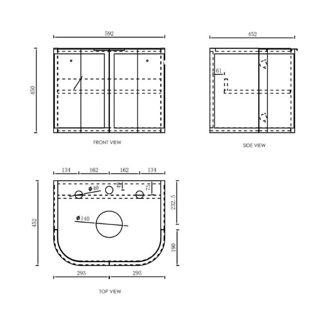 Technical Drawing Otti Hampshire 600mm Curve Wall Hung Vanity Matte White With Stone Top - The Blue Space