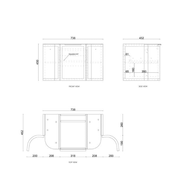 Technical Drawing Otti Hampshire 750mm Curve Wall Hung Vanity Matte White With Stone Top - The Blue Space