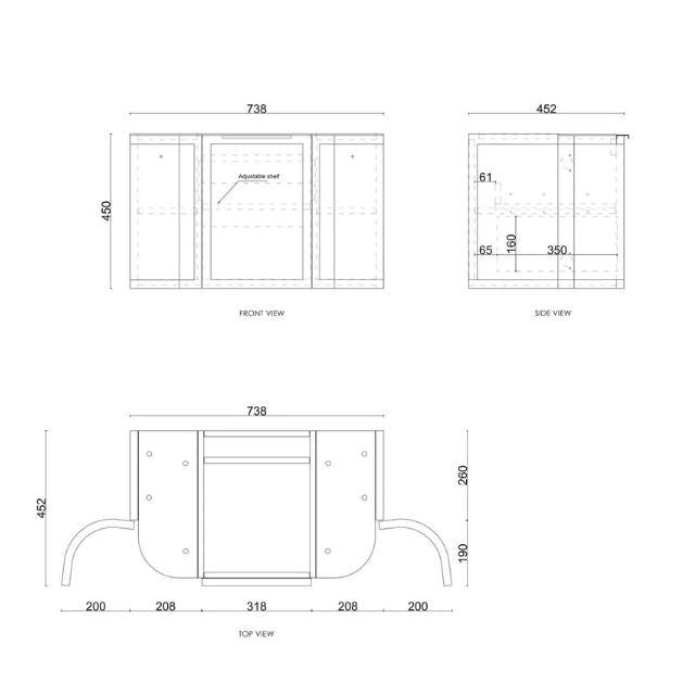 Technical Drawing Otti Hampshire 750mm Curve Wall Hung Vanity Matte White With Stone Top - The Blue Space