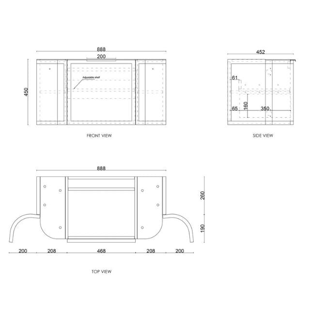 Technical Drawing Otti Hampshire 900mm Curve Wall Hung Vanity Matte White With Stone Top - The Blue Space