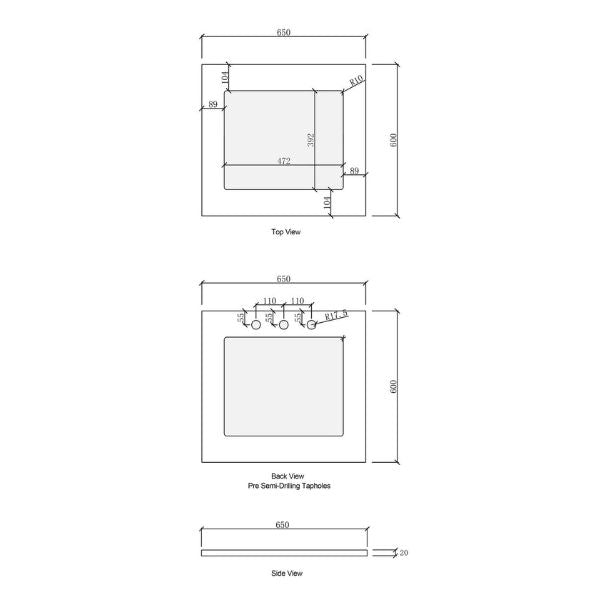 Technical Drawing - Laundry Top Stone for Otti Hampshire White 650mm Mini Laundry