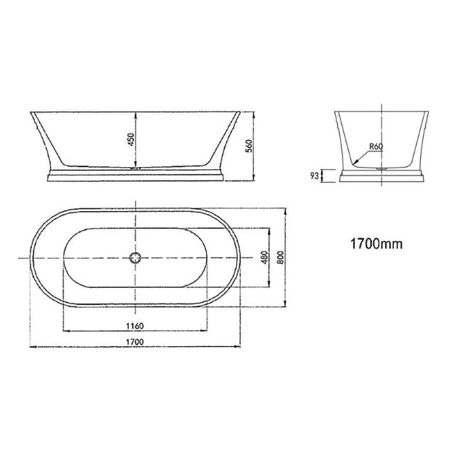 Technical Drawing Otti Hampton 1700 Freestanding Bath - Gloss White OCBT-1700 - The Blue Space