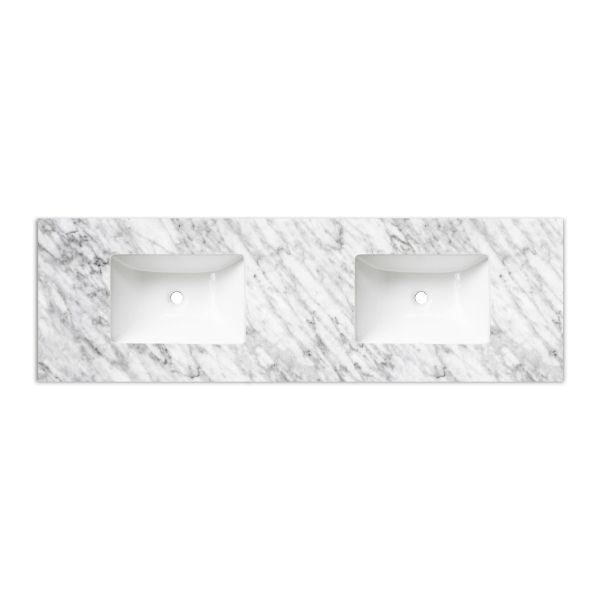 Otti Laguna 1500mm Double Bowl Wall Hung Vanity Satin White - Natural Carrara Marble Top with Undermount Basin