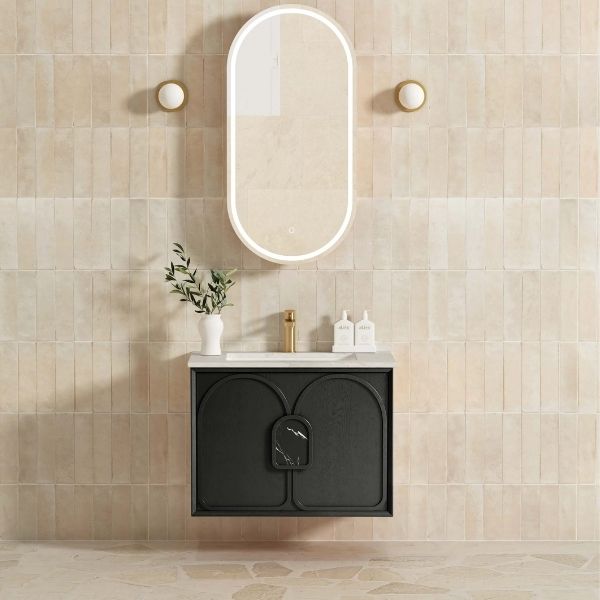 Otti Laguna 750mm Single Bowl Wall Hung Vanity Black American Oak - Natural Carrara Marble Top with Undermount Basin