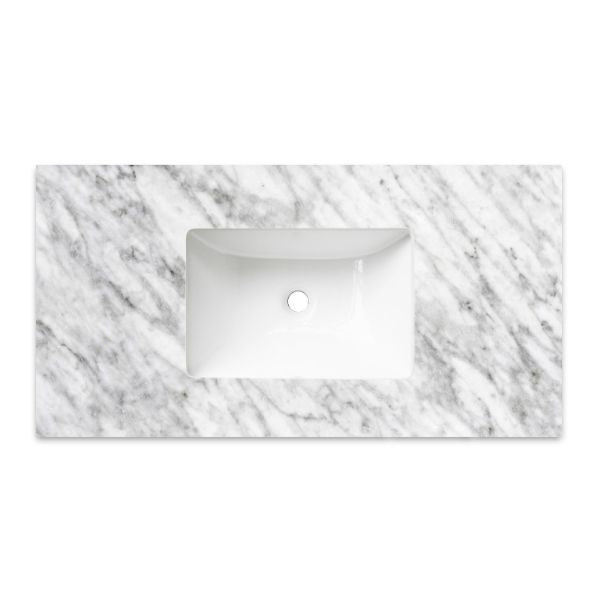 Otti Laguna 900mm Single Bowl Wall Hung Vanity Satin White - Natural Carrara Marble Top with Undermount Basin