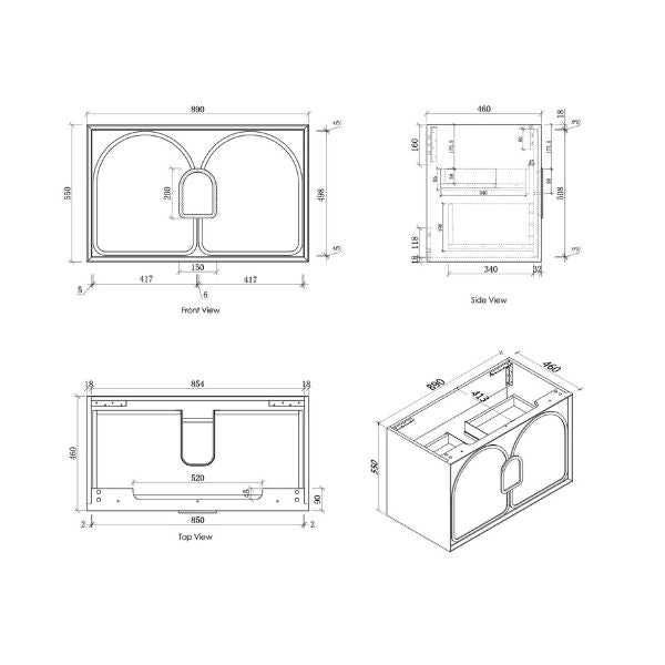 Technical Drawing Cabinet 900mm - Otti Laguna Wall Hung Vanity Natural Carrara Marble Top with Undermount Basin - The Blue Space