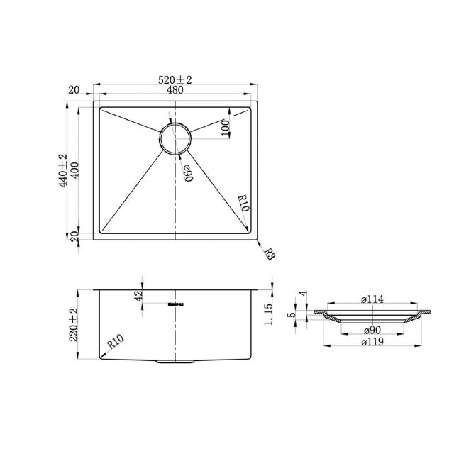 Technical Drawing Laundry Sink for Otti Marlo 1305mm Fluted Laundry Set A - Black - The Blue Space