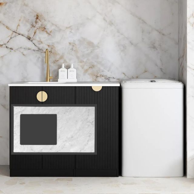 Otti Marlo Black 1060mm Laundry Cabinet Set With Natural Carrara Marble Stone Top LA-1060-MA-NCA - The Blue Space