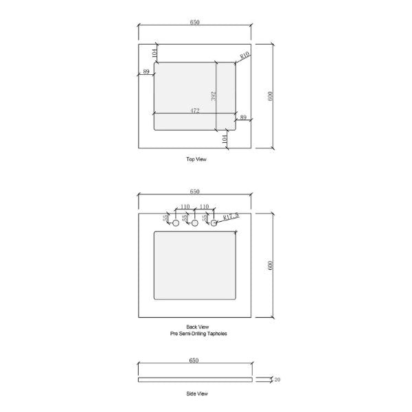 Technical Drawing - Laundry Top Stone for Otti Marlo Black 650mm Mini Laundry