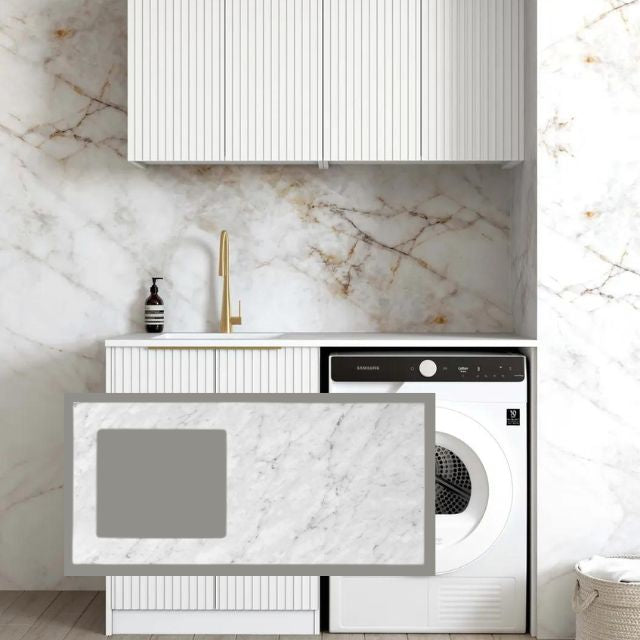 Otti Noosa 1305mm Laundry Set B - White Include Natural Carrara Marble Benchtop - LA-1305B-NSW-NCA - The Blue Space