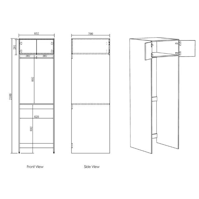 Technical Drawing Tall Washing Machine Cabinet for Otti Noosa 1305mm Laundry Set C - White - The Blue Space