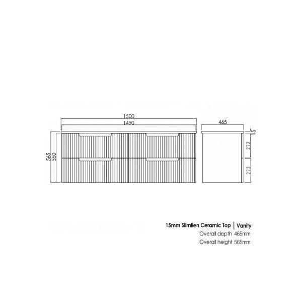 Technical Drawing Otti Noosa 1500mm Wave Board Wall Hung Vanity with Slimline Ceramic Top - The Blue Space 