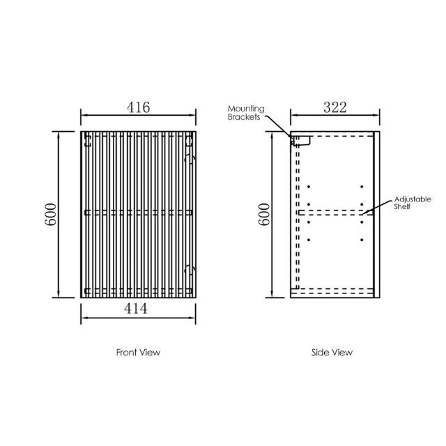 Technical Drawing 416mm Fluted Wall Cabinet for Otti Noosa 1715mm Laundry Set A - White - The Blue Space