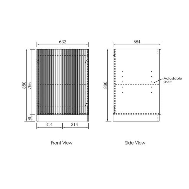 Technical Drawing 632mm Fluted Floor Standing Cabinet for Otti Noosa 1715mm Laundry Set A - White - The Blue Space