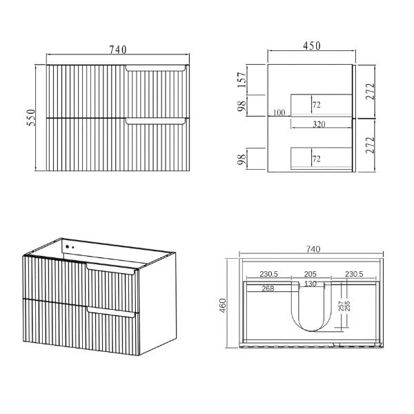 Technical Drawing Otti Noosa 750mm Wave Board Wall Hung Vanity with Slimline Ceramic Top - The Blue Space 