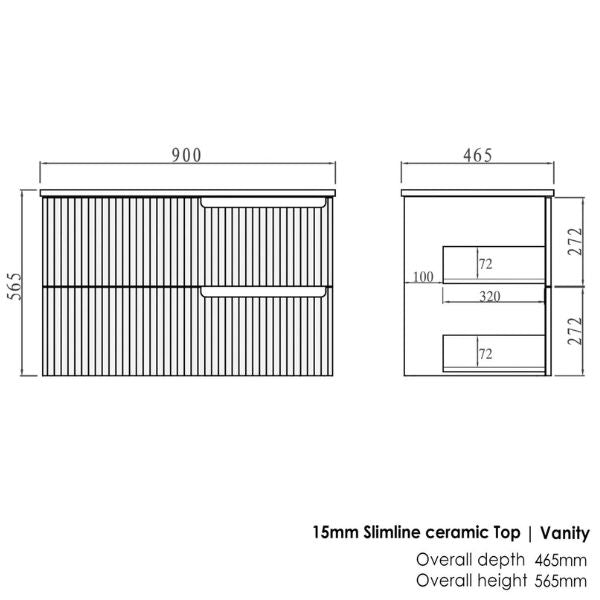 Technical Drawing Otti Noosa 900mm Wave Board Wall Hung Vanity with Slimline Ceramic Top - The Blue Space 