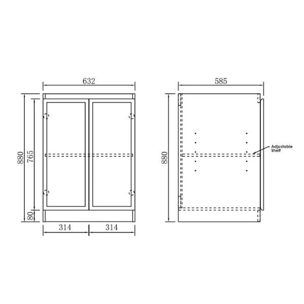 Technical Drawing Otti Noosa Fluted White 650mm Mini Laundry Cabinet