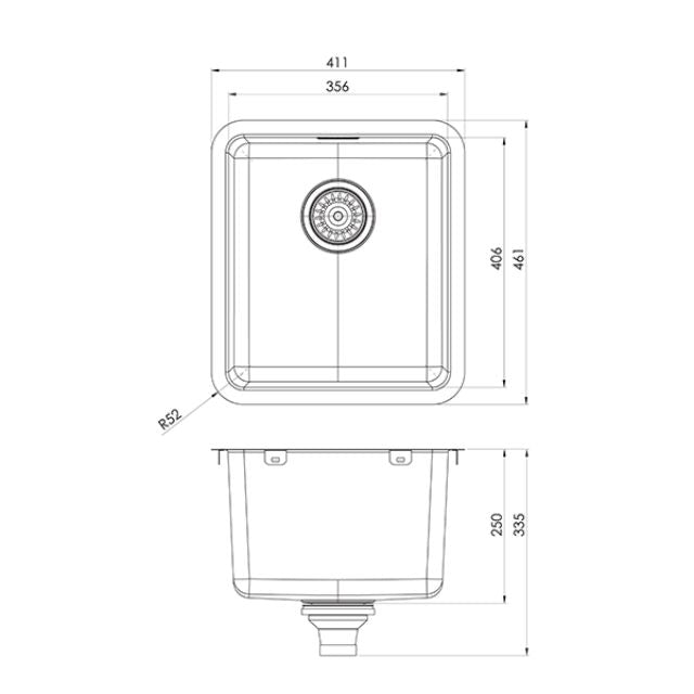 Technical Drawing Phoenix 2000 Series Single Bowl Laundry Sink 411 x 461mm 303-7002-51 - The Blue Space