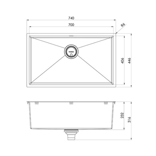 Technical Drawing Phoenix 4000 Series Extra Large Single Bowl Sink 700mm - Stainless Steel 310-8002-51 - The Blue Space