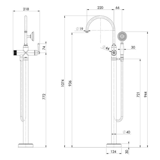 Technical Drawing Phoenix Cromford Floor Mounted Bath Mixer with Hand Shower Brushed Nickel 134-7451-40 - The Blue Space