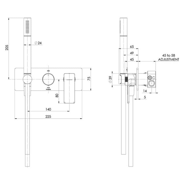 Technical Drawing Phoenix Gloss MKII Wall Shower System Brushed Gold 135-7490-12 - The Blue Space