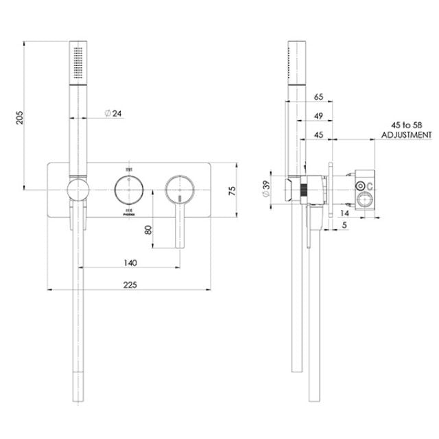 Technical Drawing Phoenix Lexi MKII Wall Shower System Brushed Nickel 123-7490-40 - The Blue Space