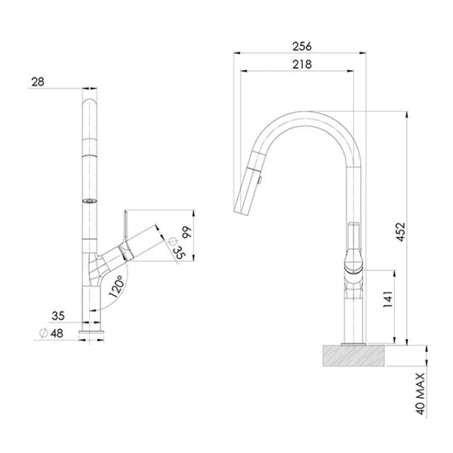 Technical Drawing Phoenix Linq Pull Out Sink Mixer Stainless Steel 133-7120-51-1 - The Blue Space