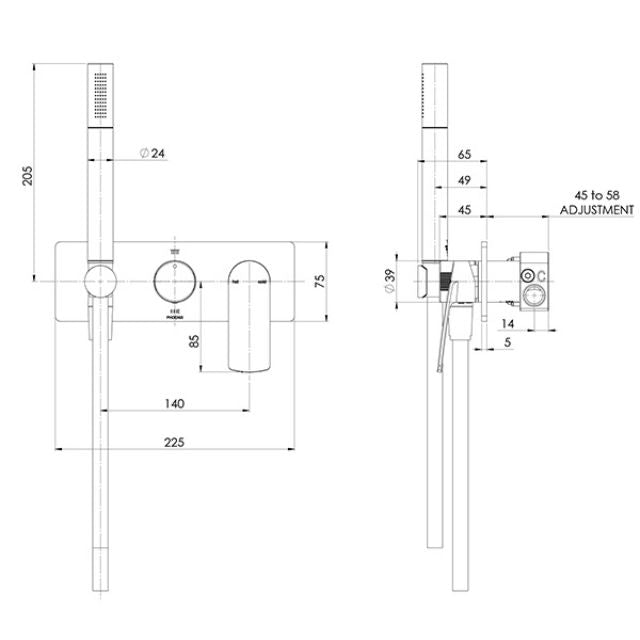 Technical Drawing Phoenix Mekko Wall Shower System Brushed Carbon 115-7490-31 - The Blue Space