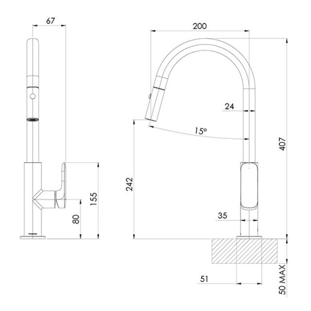 Technical Drawing Phoenix Nuage Pull Out Sink Mixer Brushed Carbon 129-7105-31-1 - The Blue Space