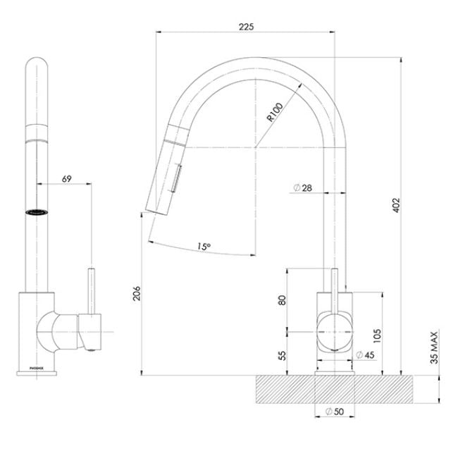 Technical Drawing Phoenix Pina Pull Out Sink Mixer Brushed Nickel 153-7105-40-1 - The Blue Space