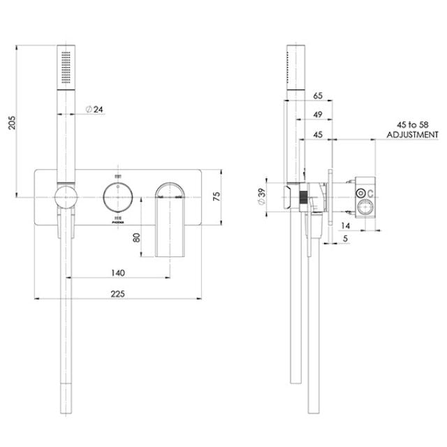 Technical Drawing Phoenix Teel Wall Shower System Brushed Carbon 118-7490-31 - The Blue Space