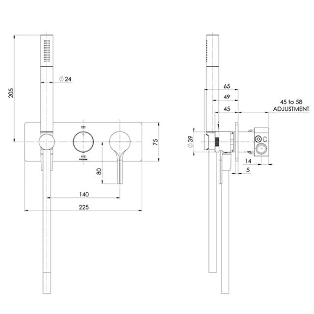 Technical Drawing Phoenix Vivid Slimline Oval Wall Shower System Brushed Gold VV7490-12 - The Blue Space