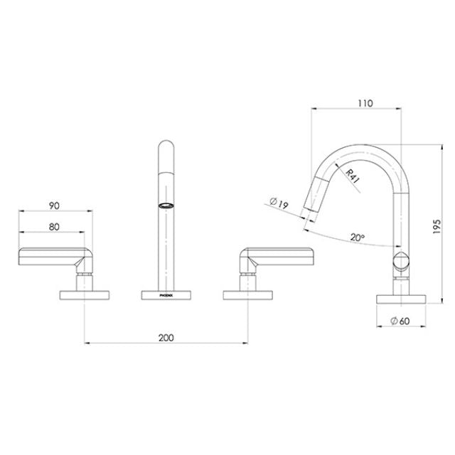 Technical Drawing Phoenix Vivid Slimline Plus Lever Basin Set Brushed Carbon 119-1030-31-1 - The Blue Space